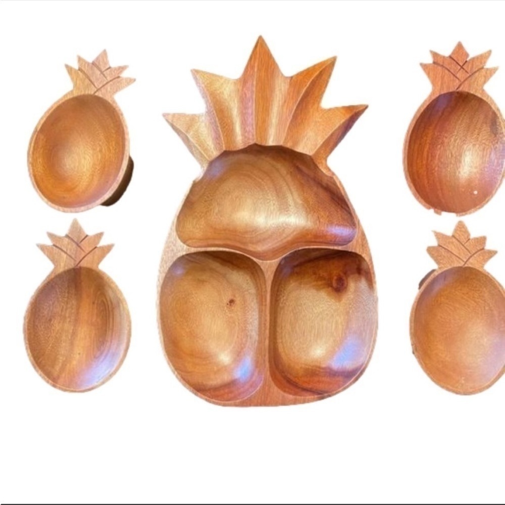 Kamani Vintage Wood Hand Carved Pineapple Bowl 5 Piece Serving Set